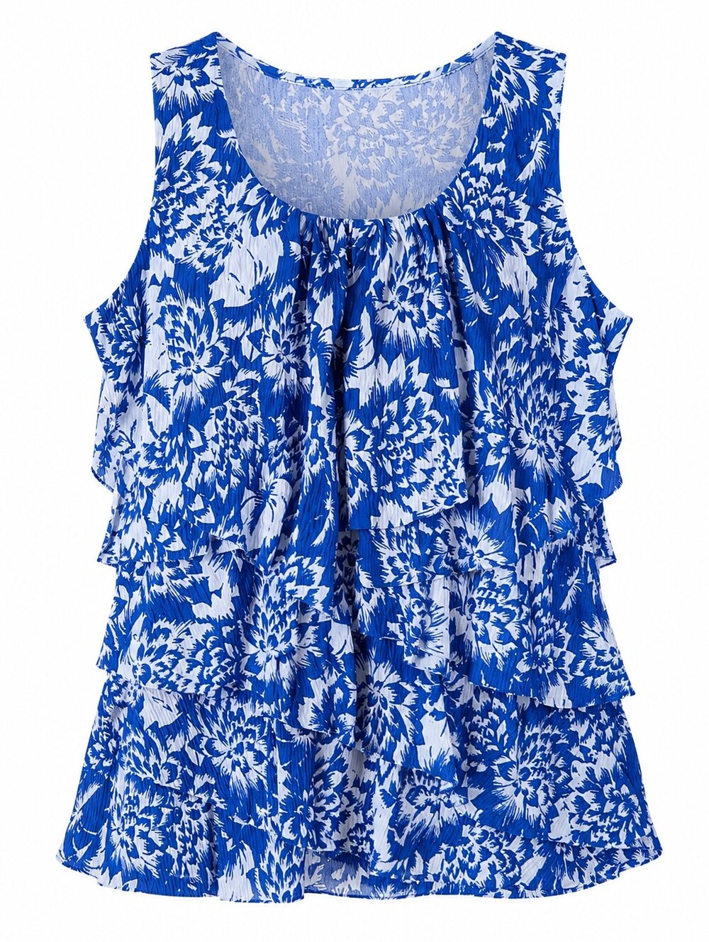 Denver Hayes Blue White Floral Stretchy Romantic Tiered Ruffle Women Tank Top S